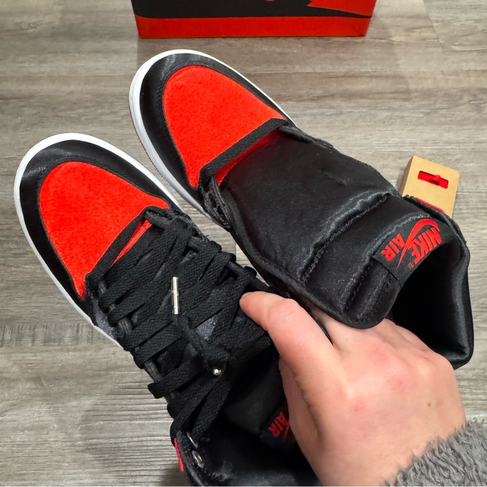 Nike Jordan Retro 1 High OG Black University Red Satin High Top Sneakers - Picture 8 of 12